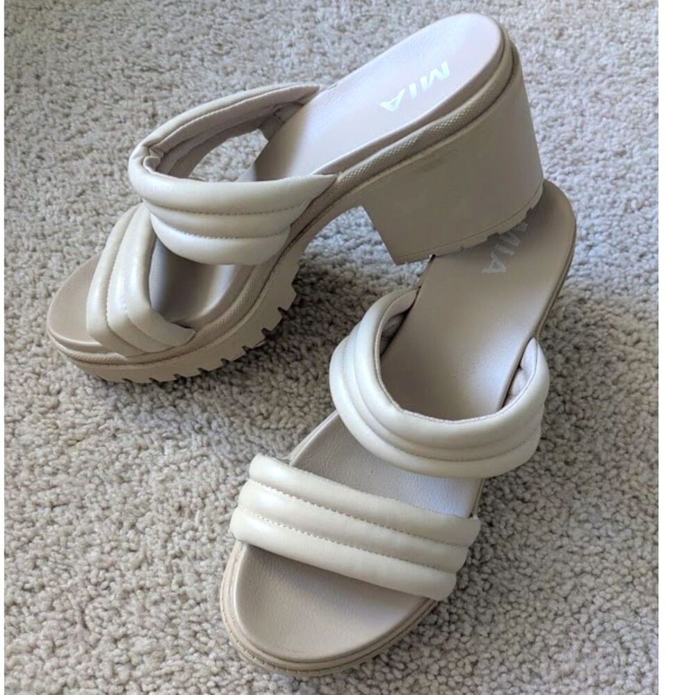 Mia Cream Chunky Block High Heeled Platform Sandals Sz 10